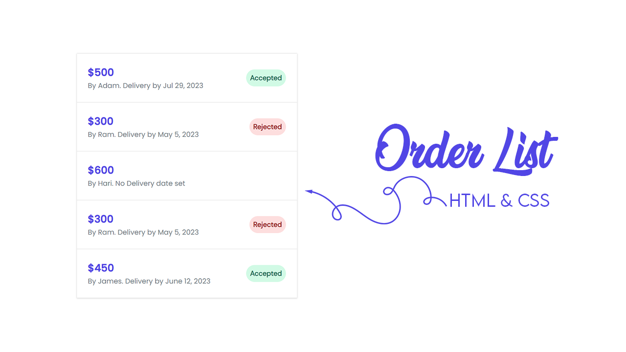 Create Order List Web Design Using HTML & CSS