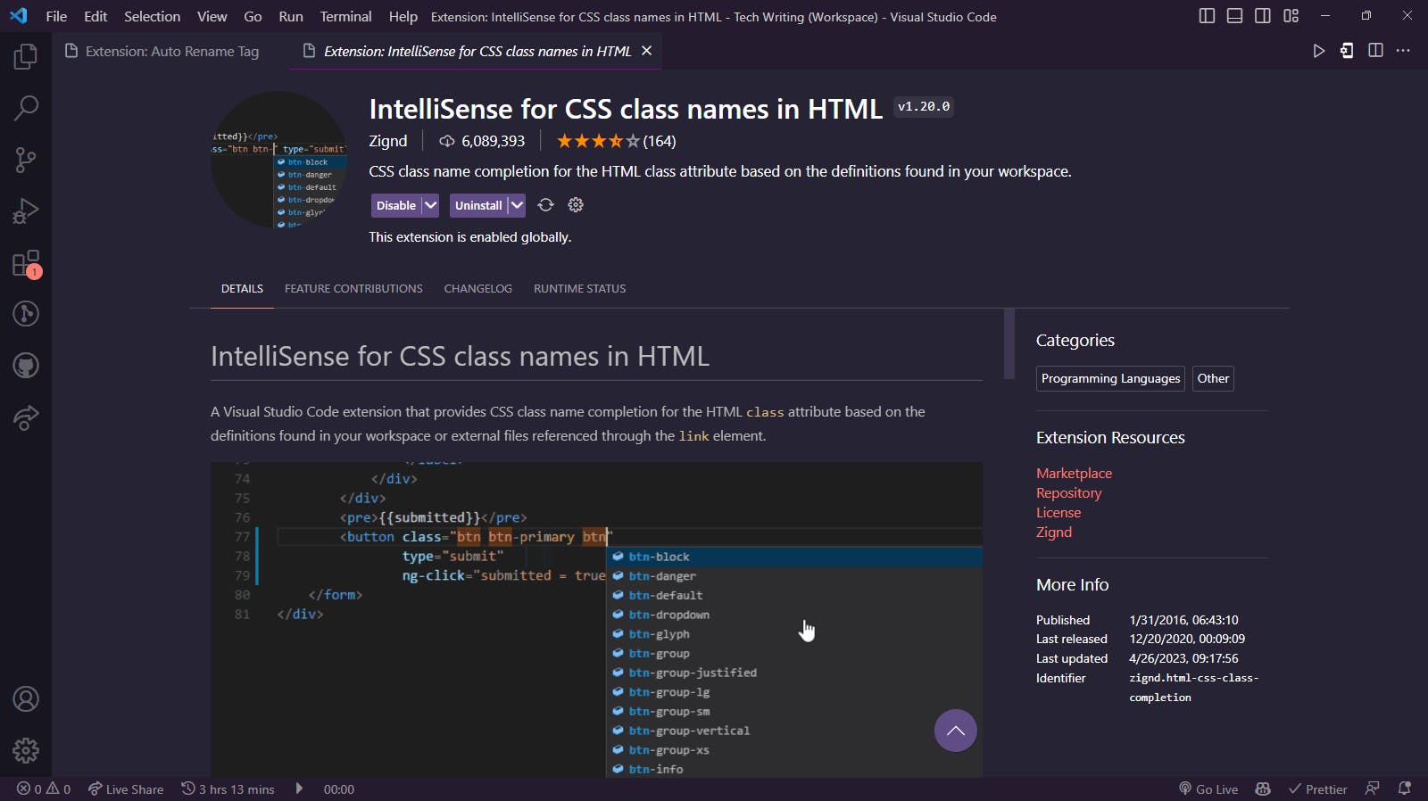 Intellisense for CSS Class Names in HTML