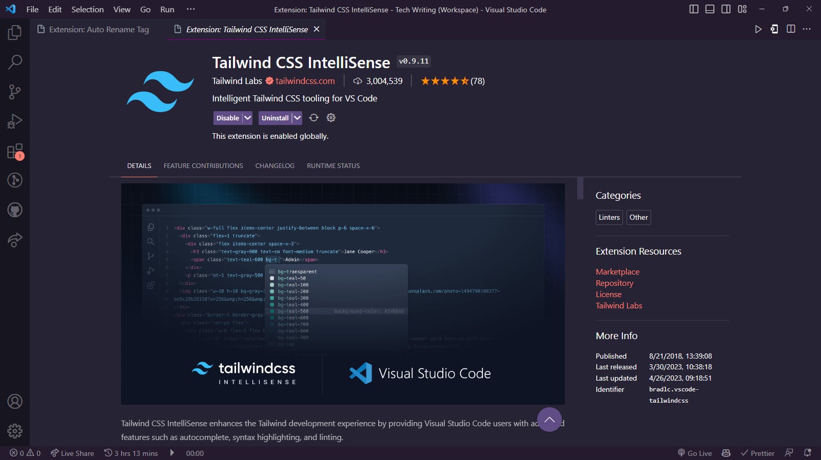 Tailwind CSS Intellisense