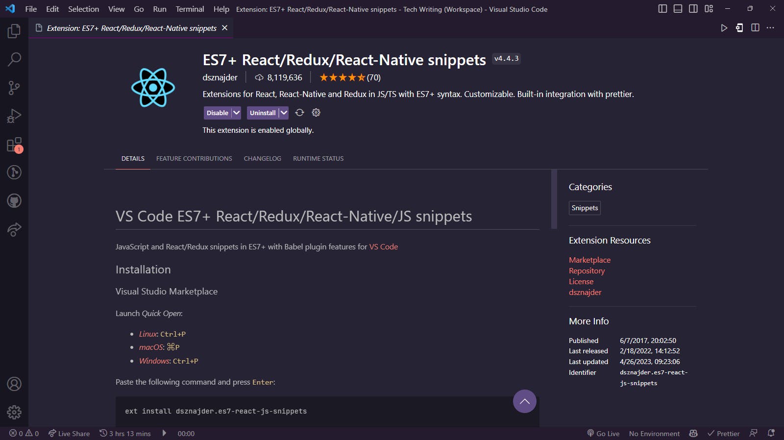 ES7+ React/Redux/React-Native Snippets
