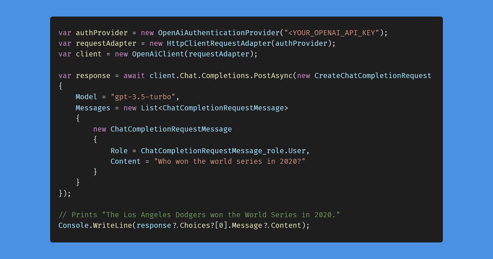Generate a custom C# ChatGPT API client in minutes with Kiota