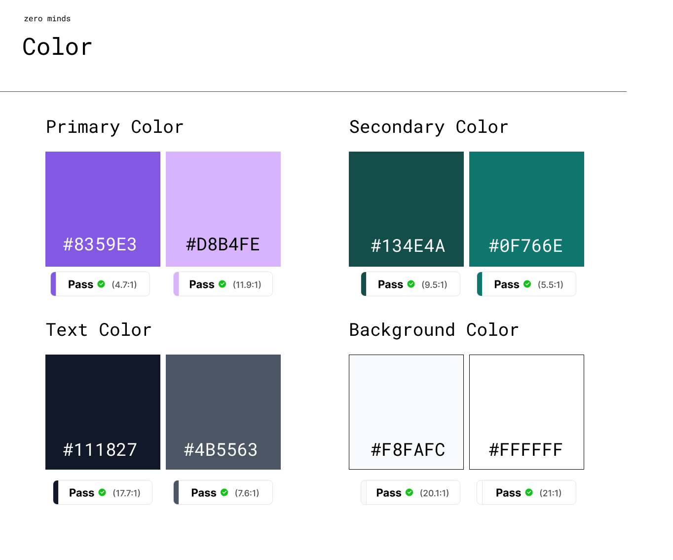 Color Palette created in Figma showing Primary Color Purple and a lighter shade, secondary color Teal and a lighter shade as well as text color in dark gray and background colors in off-white.