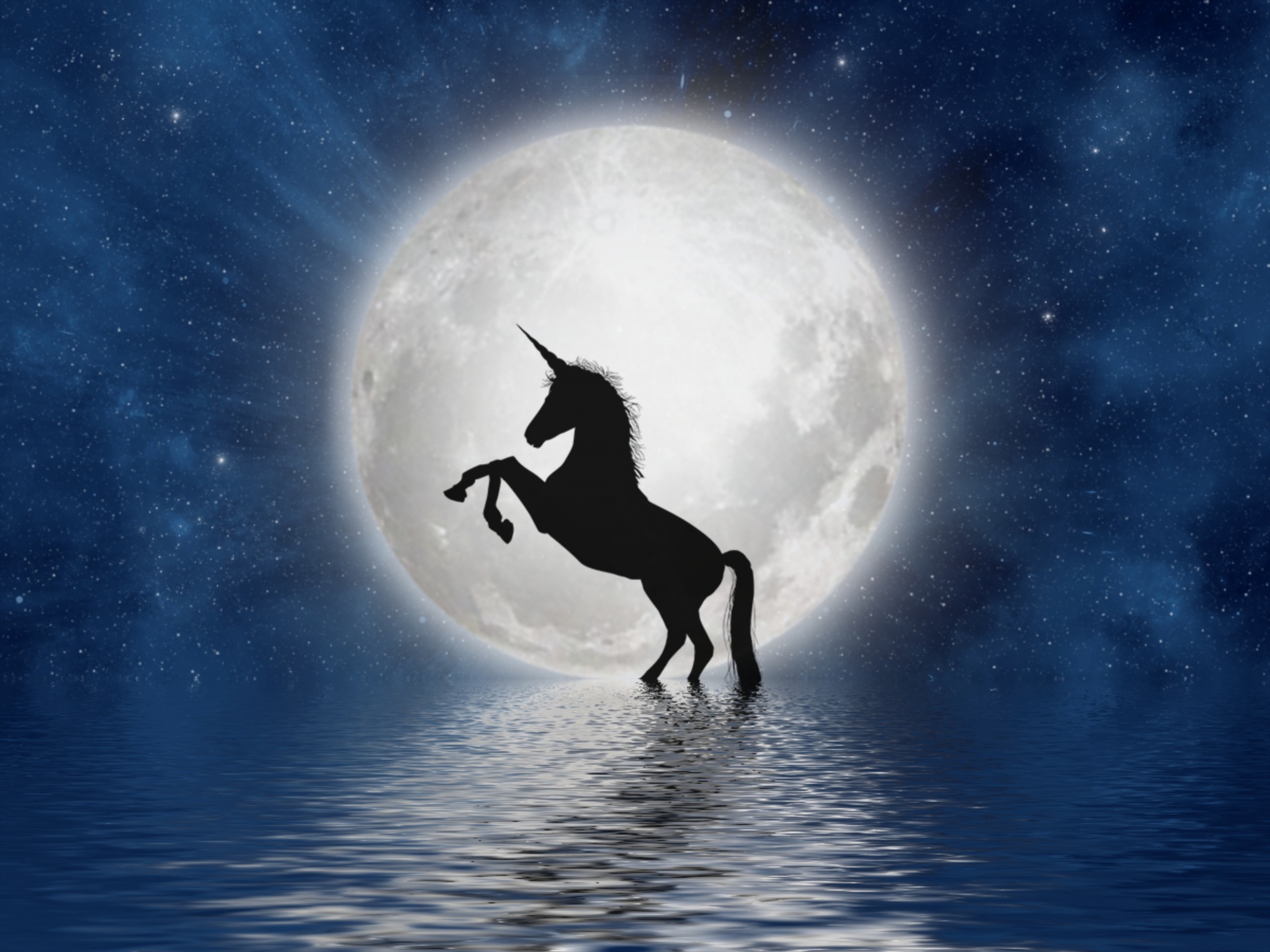 A silhouette of a unicorn, standing on its rear legs, in some water. A giant full moon in the background reflects on the water below.