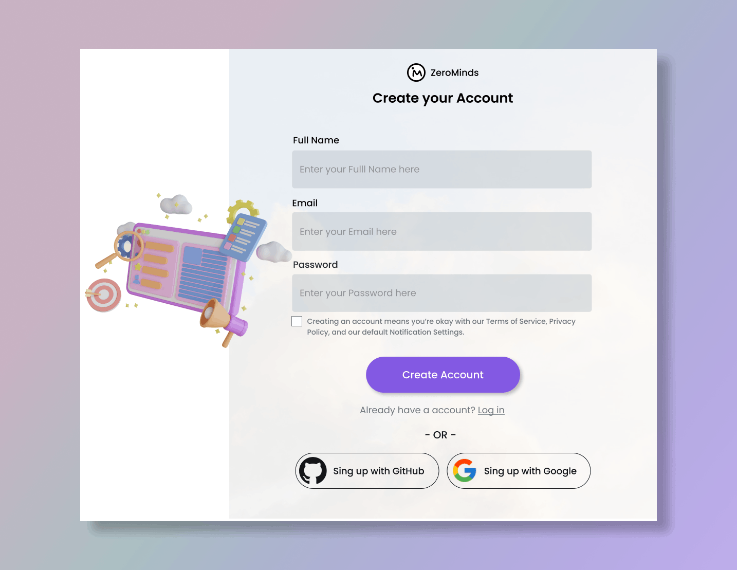 View of the sign up component created in Figma.