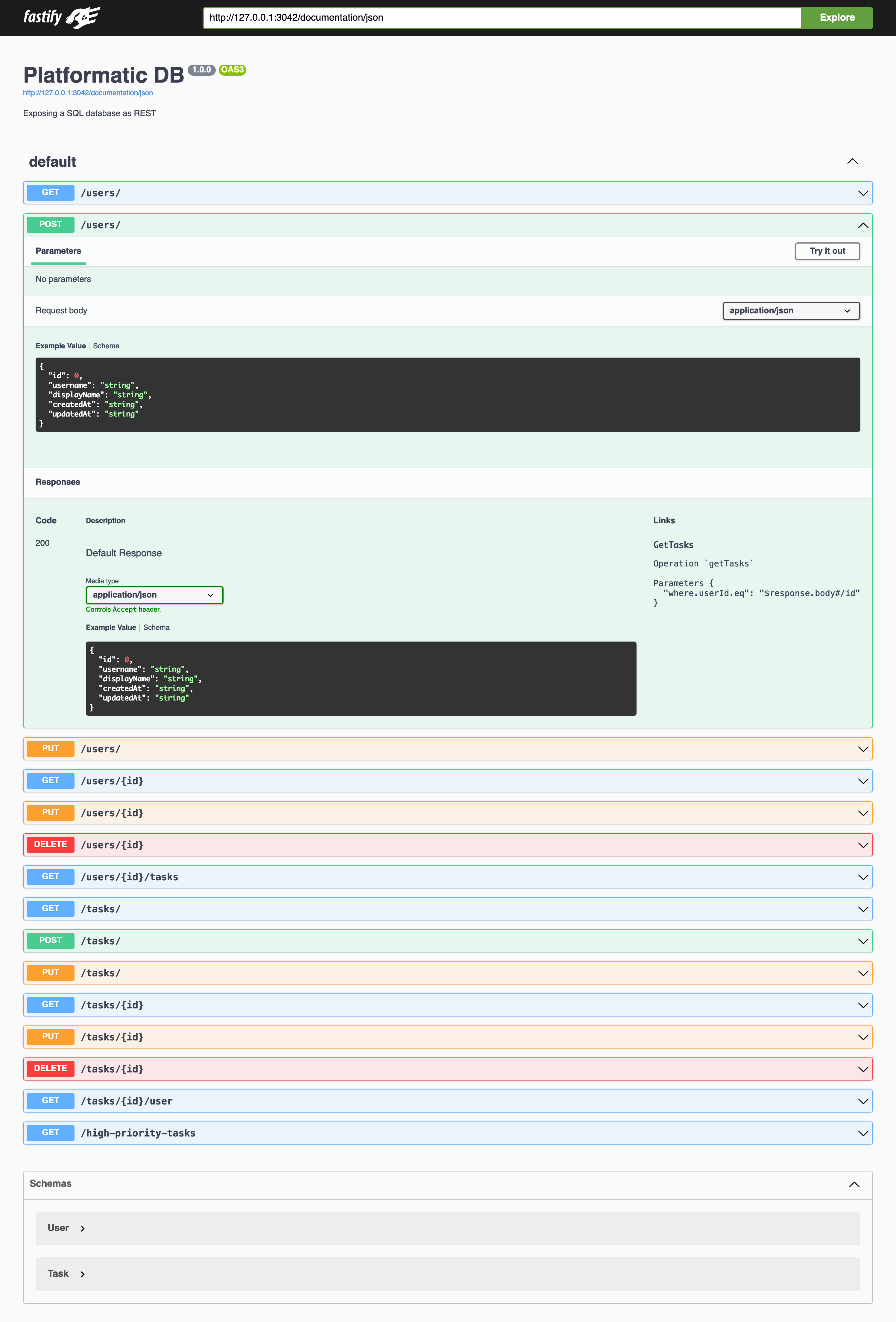 Screenshot of the interactive Swagger UI in a web browser, showing all the REST API endpoints