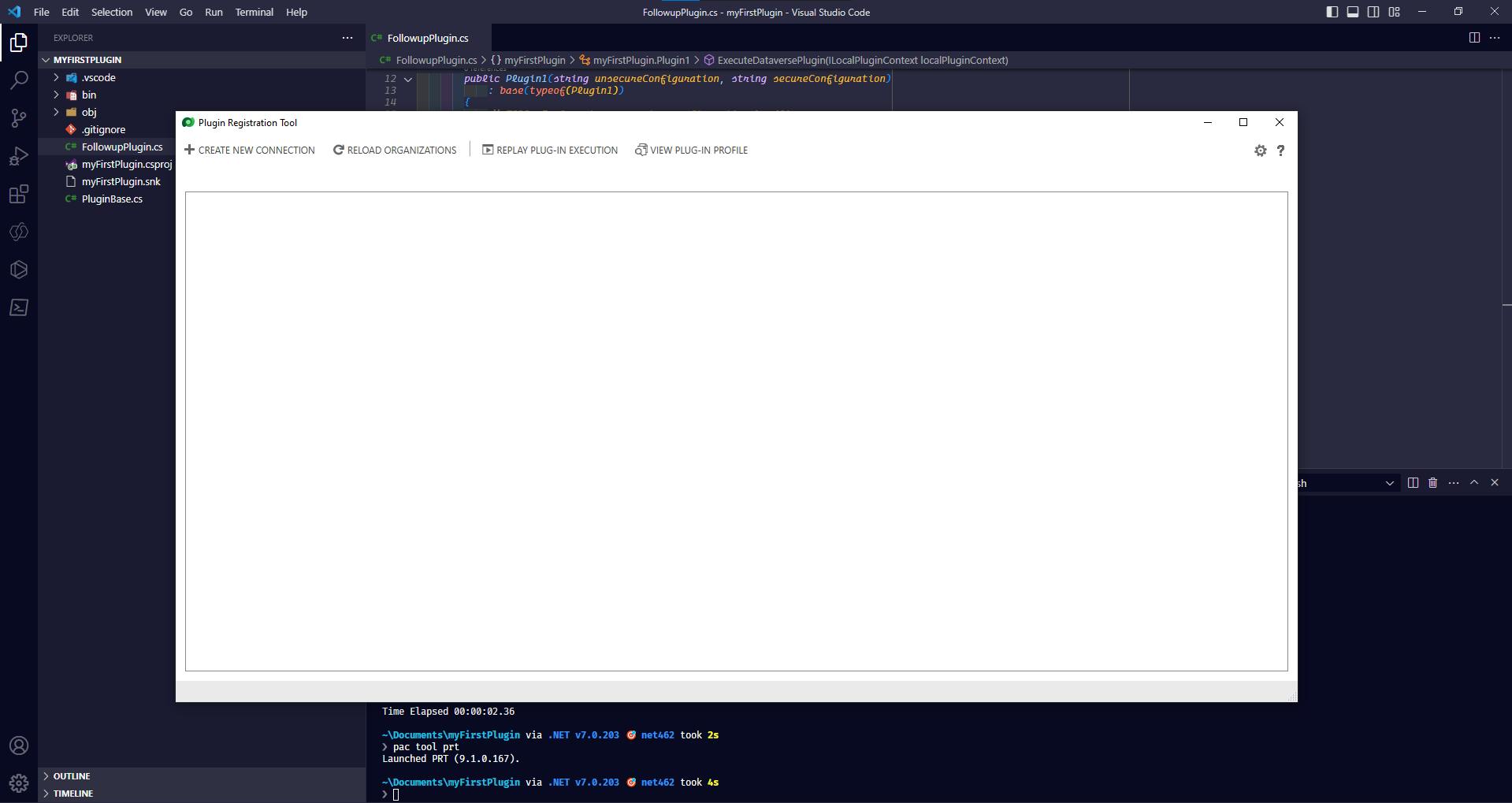 Screenshot of the Plugin Registration Tool window (blank), with VS Code in the background.