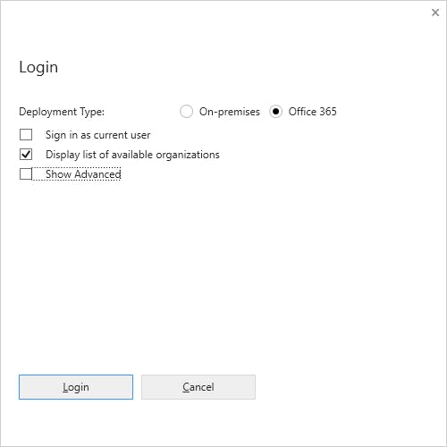 Plugin Registration Tool Login window with Office 365 and "Display list of available organizations" selected.