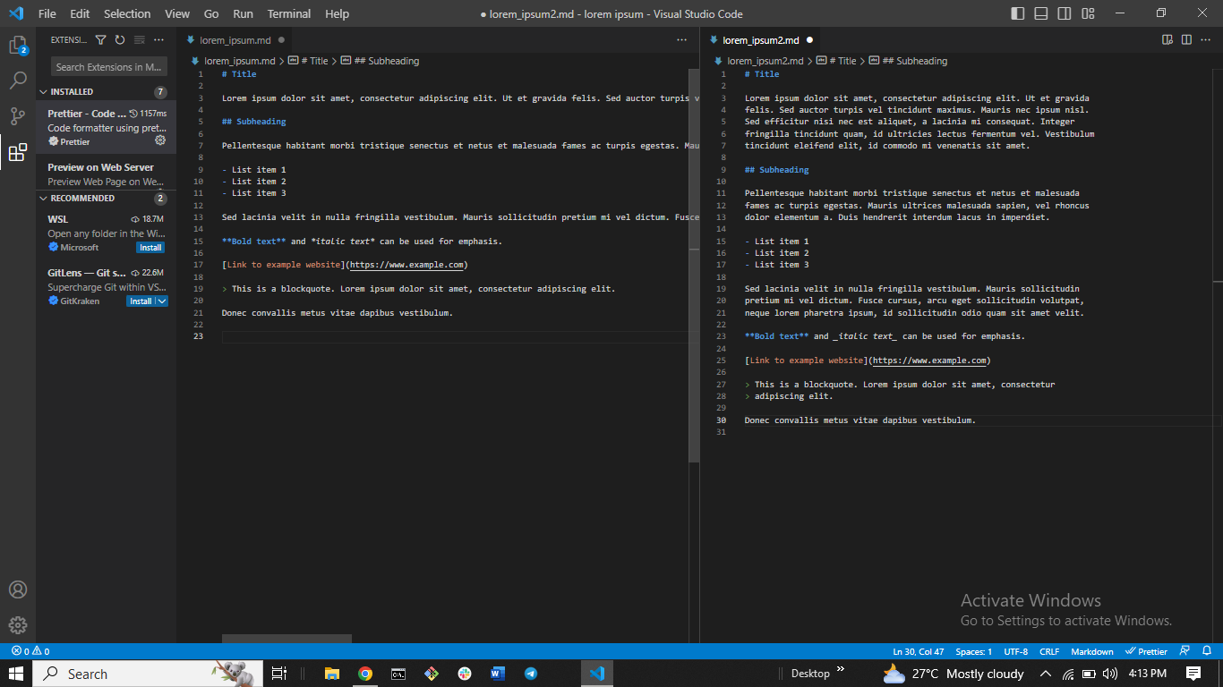 A Vscode Editor with a Lorem ipsum markdown file. The file on the left has no wrapping while that on the right is wrapped using the prettier extension. Readability is better on the right.