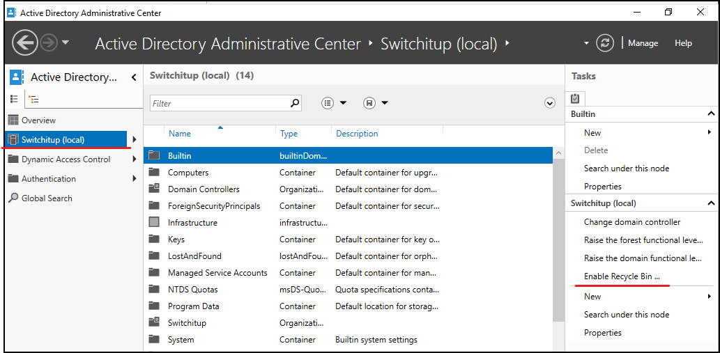Active Directory admin Centre - Enable Recycle Bin