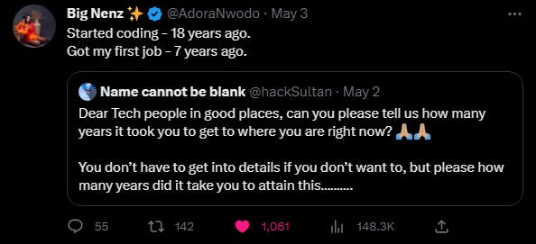 The initial tweet was made by Akintunde Sultan(known as HackSultan), Founder of Dev Careers and Co-Founder of AltSchool Africa. The quoted tweet was made by Adora Nwodo, a Software Engineer at Microsoft and Founder of NexaScale.