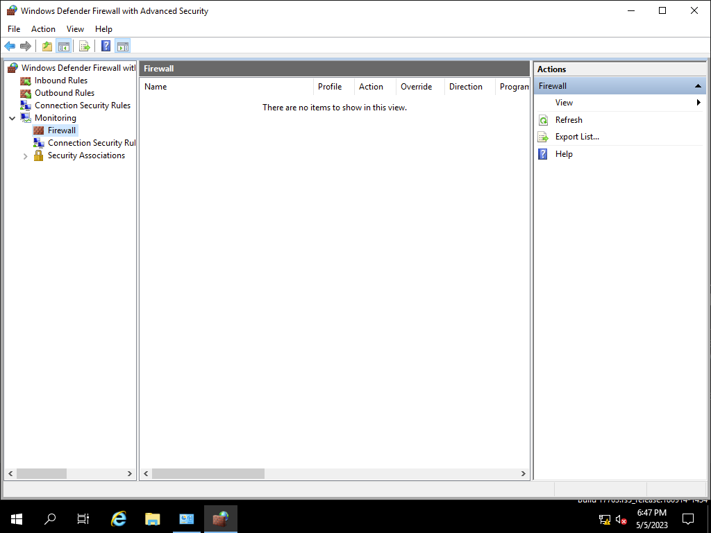 A screenshot of an empty Windows Firewall Defender Firewall pane