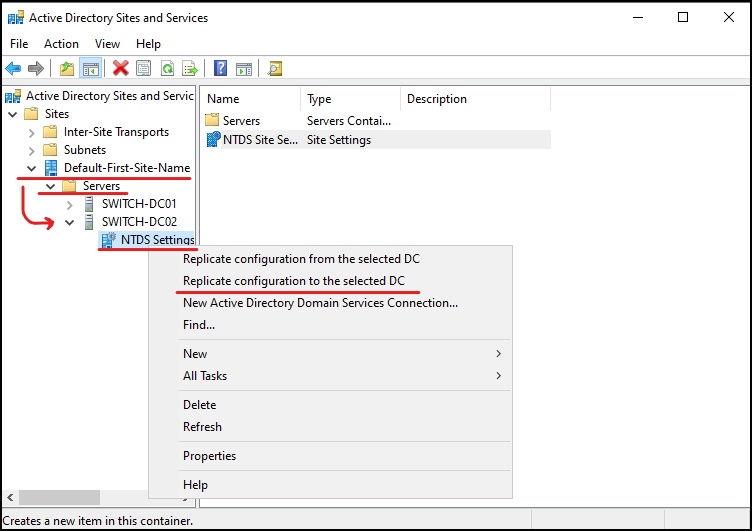Active Directory Sites and Services - NTDS Settings