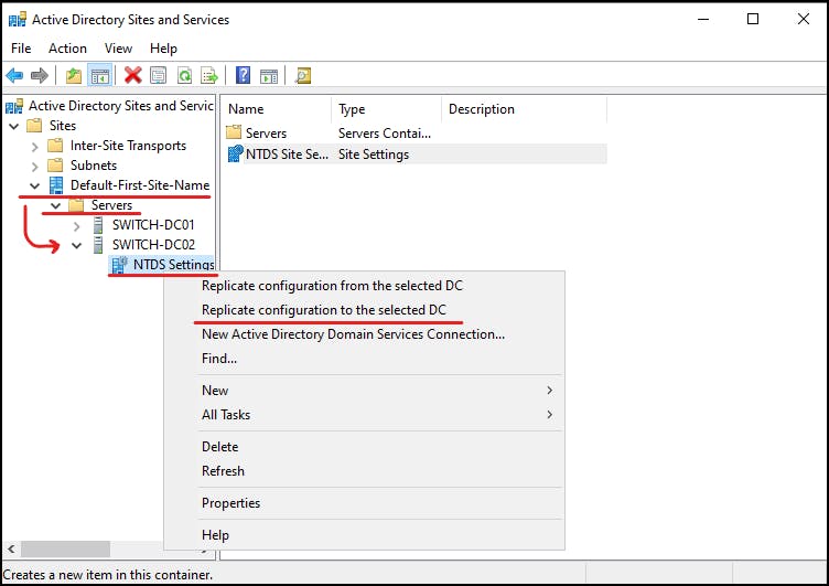 Active Directory Sites and Services - NTDS Settings
