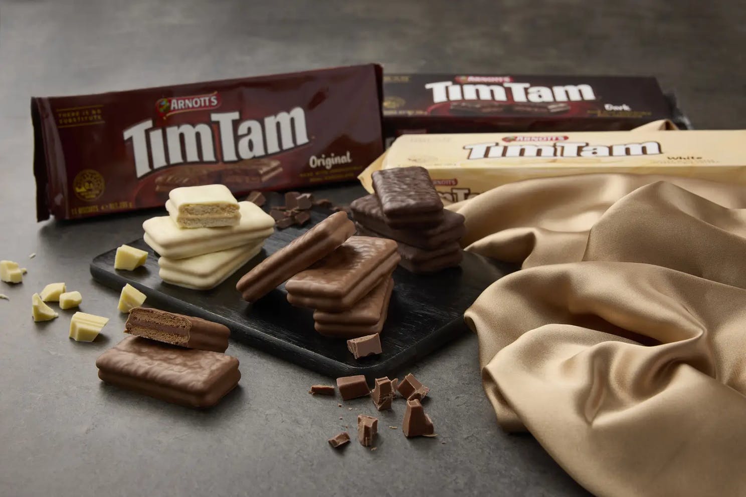 White chocolate, milk chocolate and dark chocolate Tim Tams