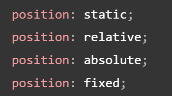 Syntax for CSS positioning, including static, relative, absolute and fixed. 