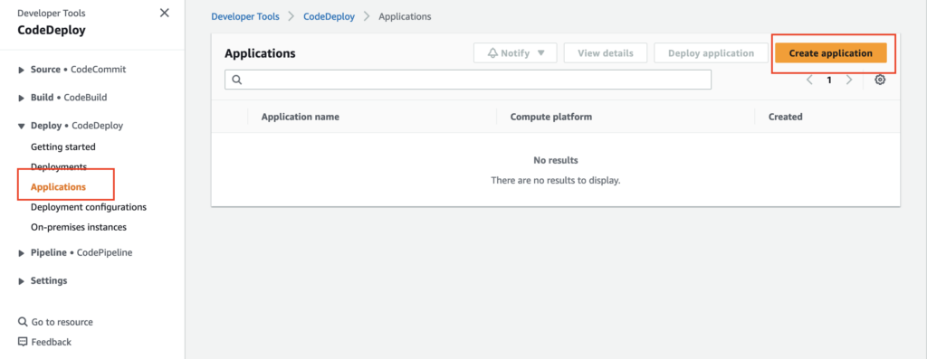 Choose an application in the CodeDeploy