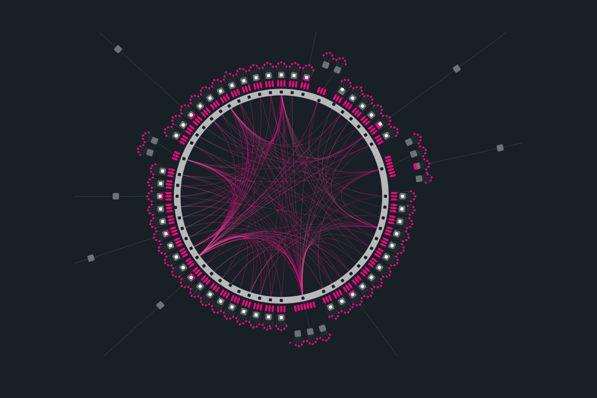 Visualization of the Polkadot relay network with parachains connected to it supported by nominators and validators and with bridges out to other networks