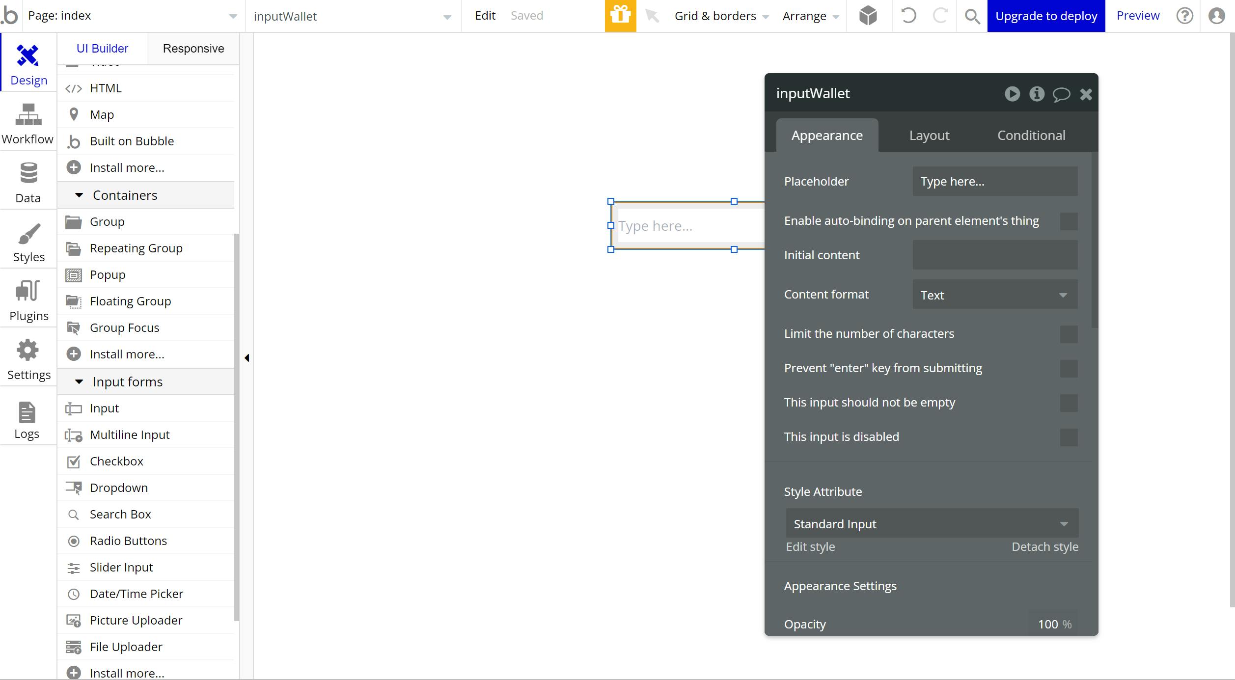 Screenshot of the Bubble.io platform adding a element called inputWallet