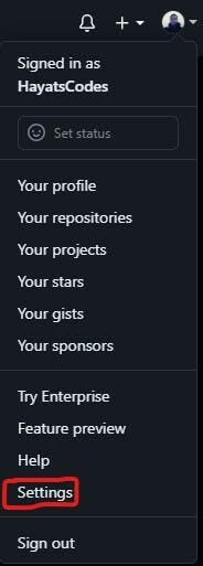 Clicking settings from GitHub profile drop down menu