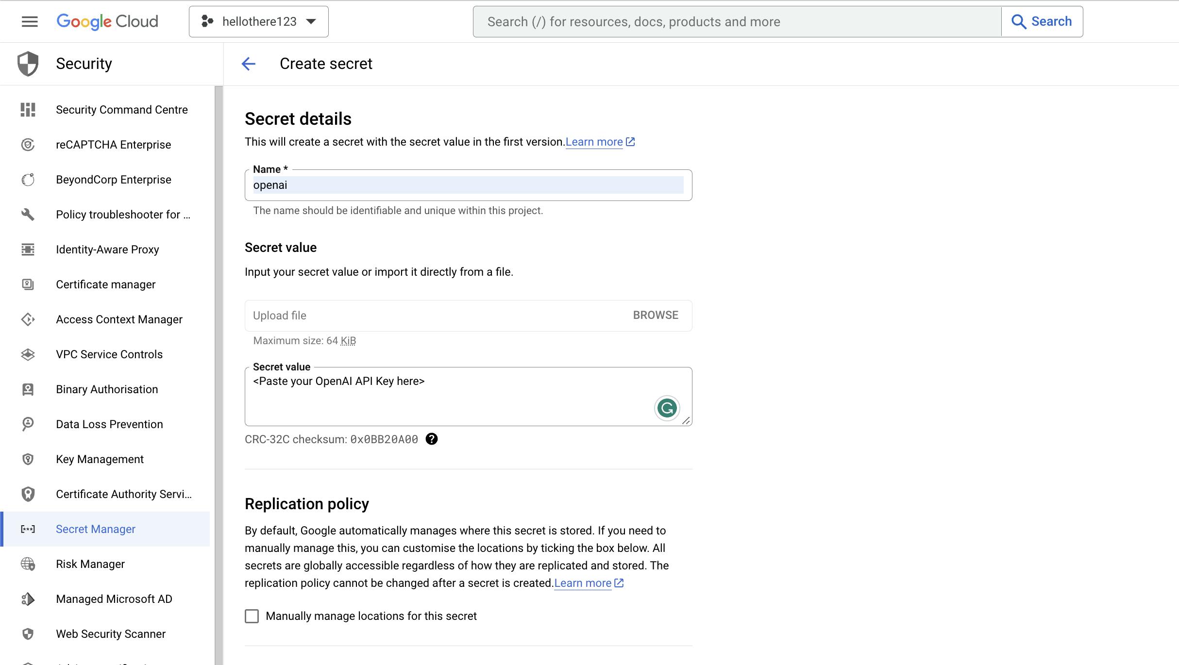 Adding OpenAI API key on Google Cloud Secret Manager