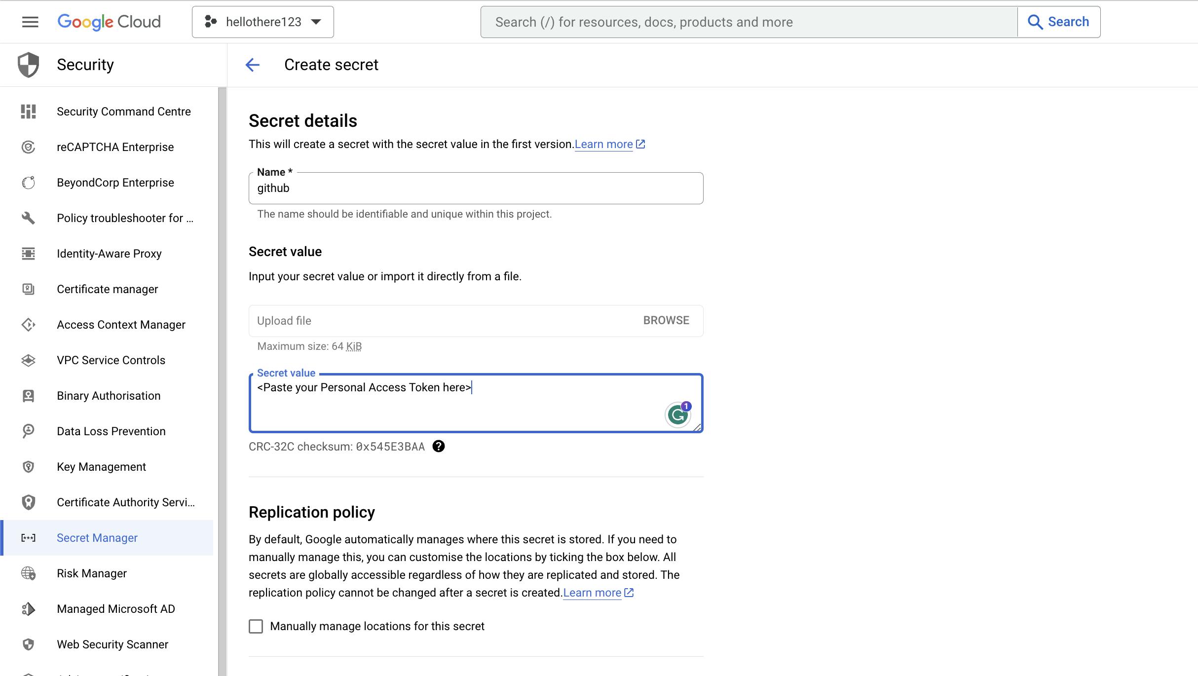 Adding GitHub Personal access token on Google Cloud Secret Manager