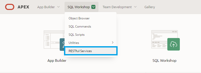 Screenshot showing where to find the RESTful Services in the Oracle APEX Builder