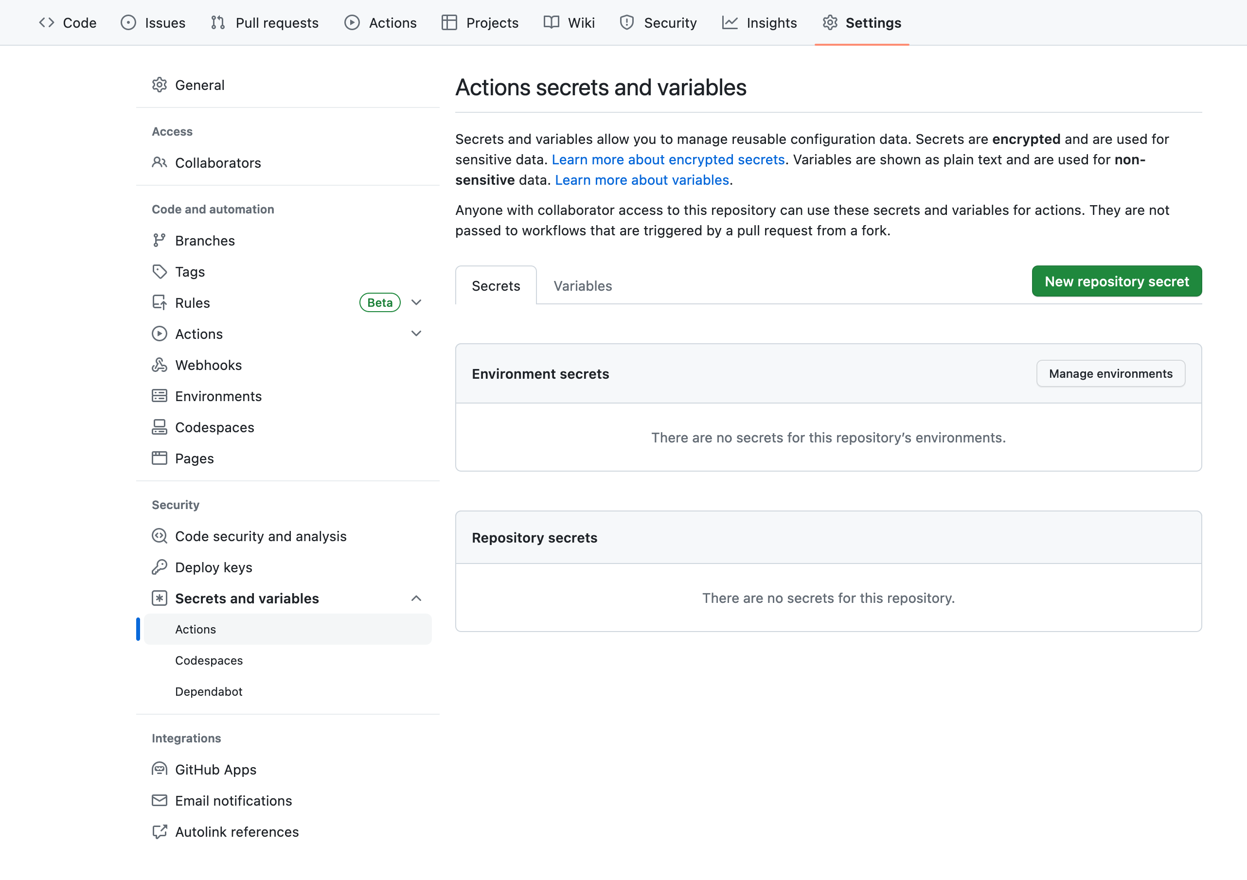 Manually setting GitHub repository secrets and variables - 01