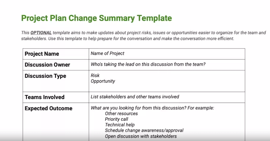 Project Plan Change Summary Template - top