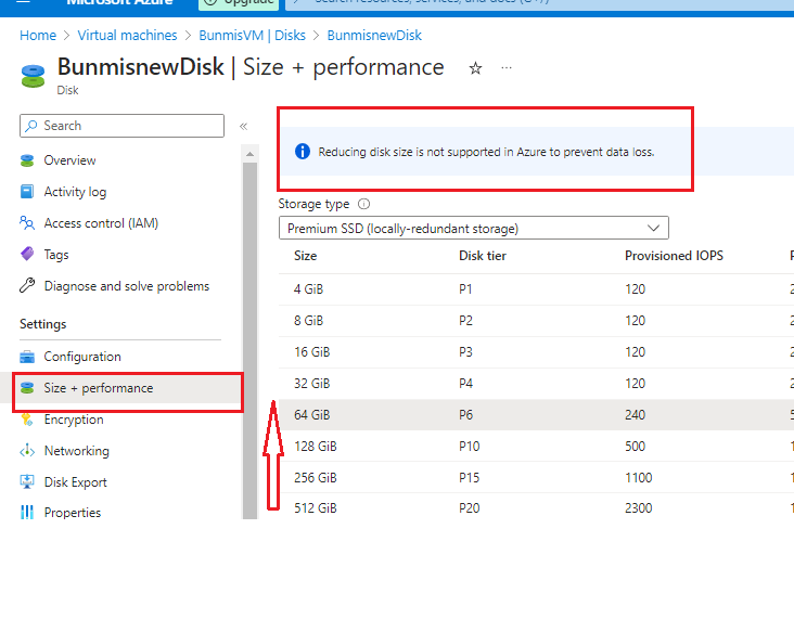 Image showing failure to reduce disk size