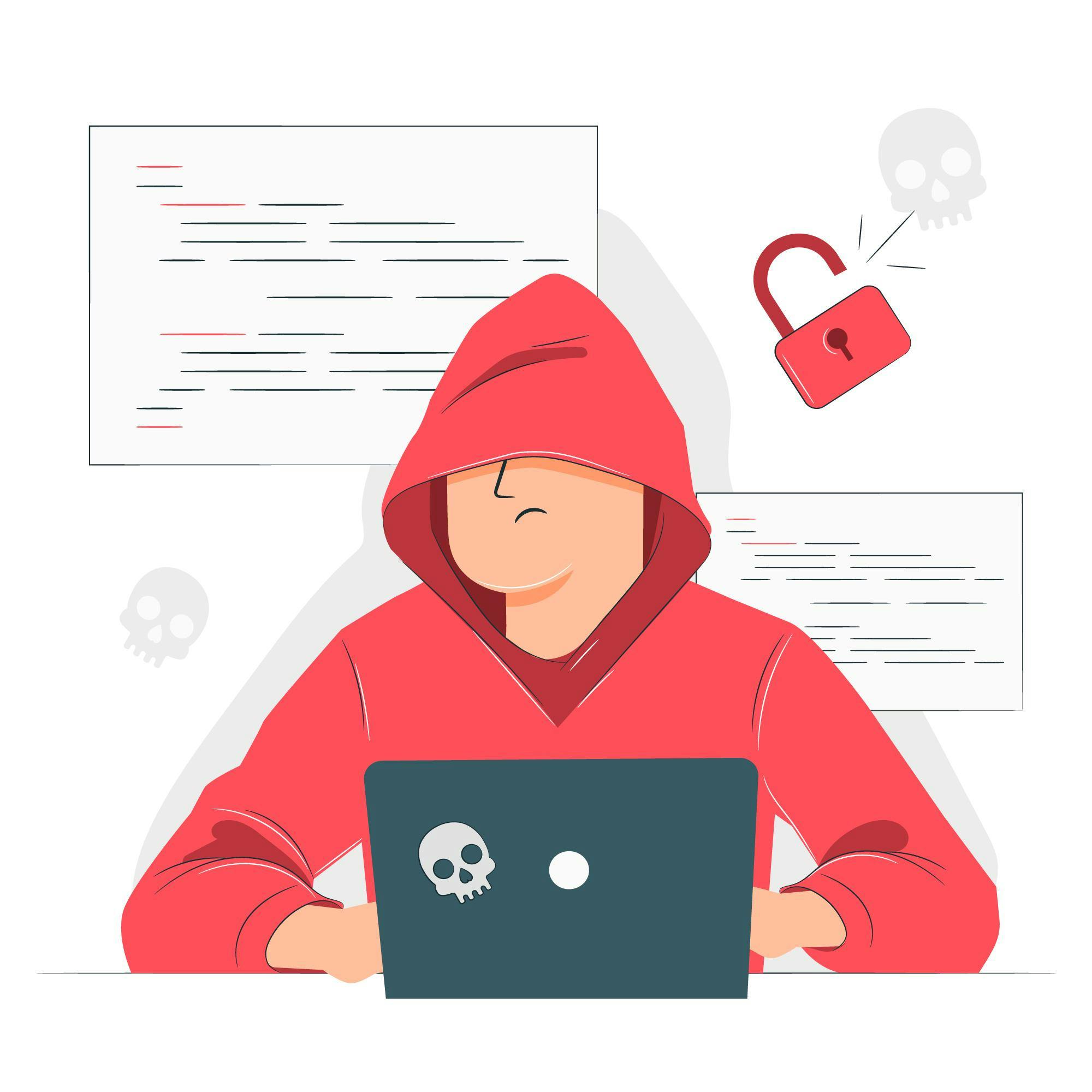 A hacker in a red hoodie hacking and bypassing the security on a system with a skull on it.