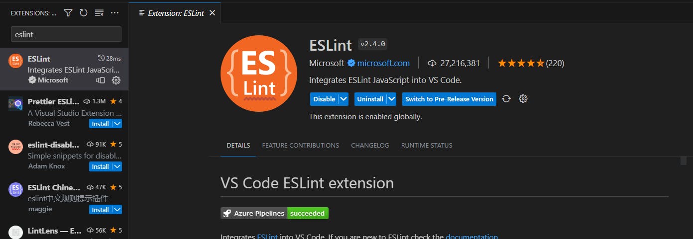 vs code eslint extension tab
