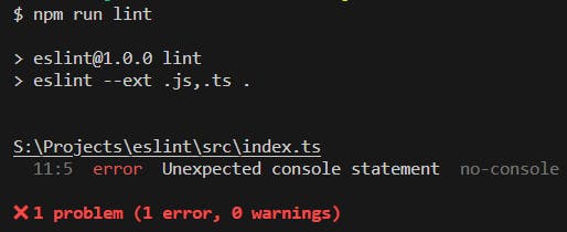 npm run lint output shows an error