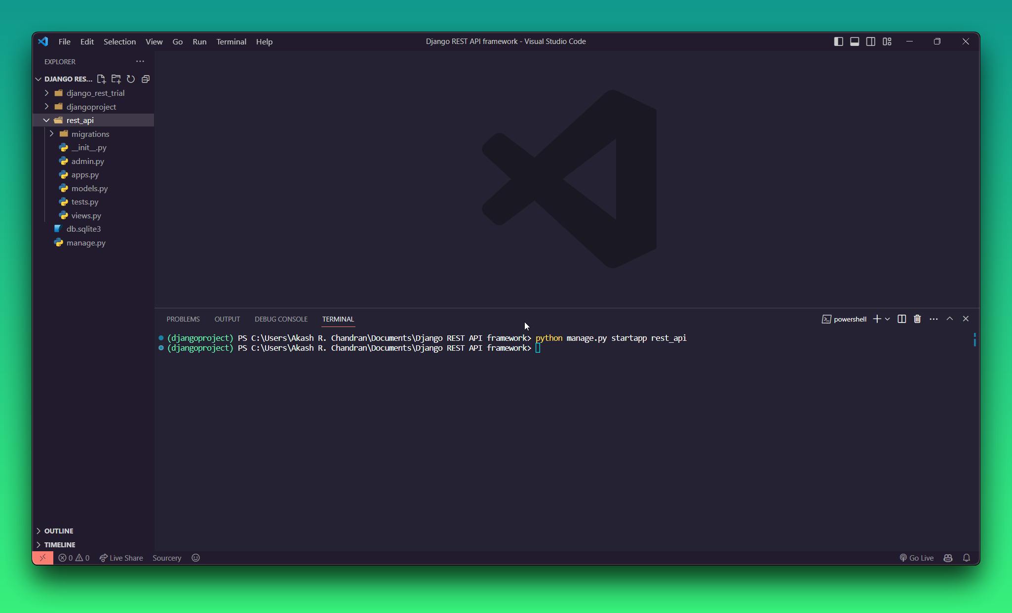 Vs code showing the files after running the Django create app command