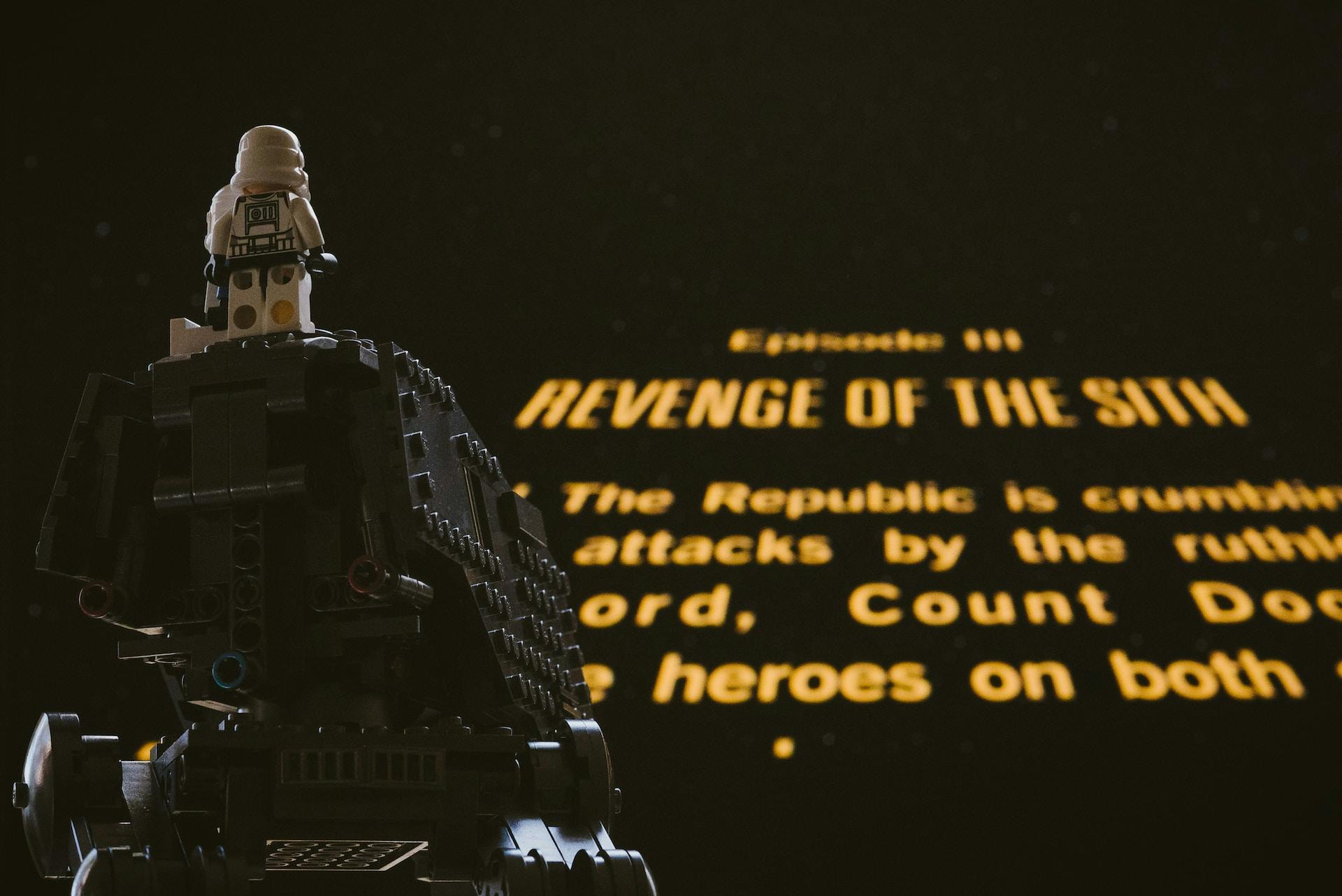 Lego Storm Trooper watching the opening credits of a movie