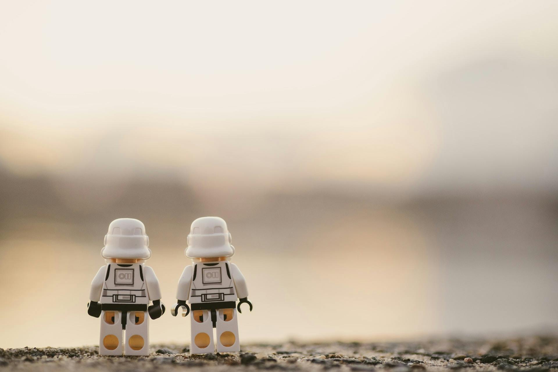 Two Lego Storm Troopers looking out across a vast empty landscape