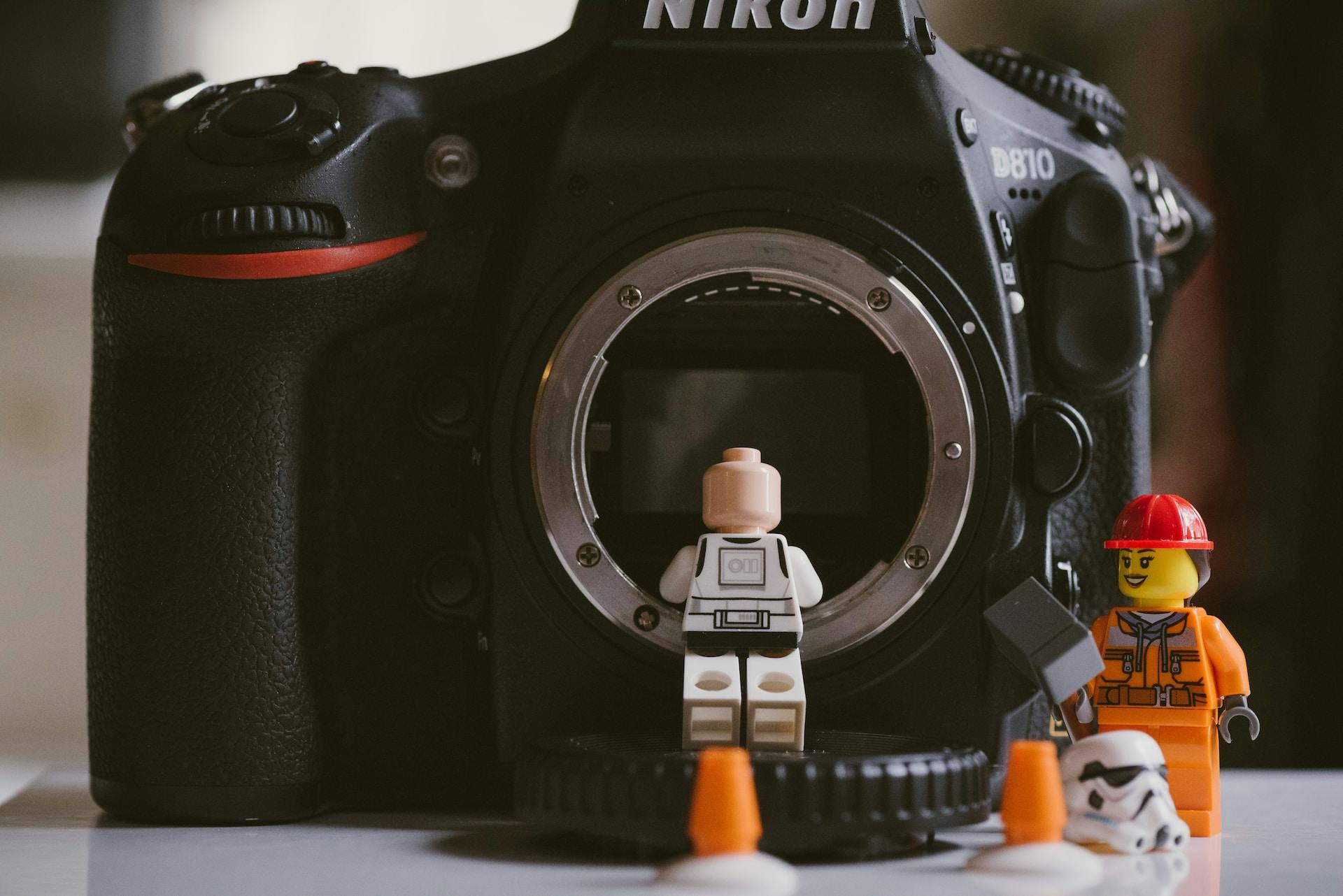 Lego Storm Trooper looking into the lens of a digital camera