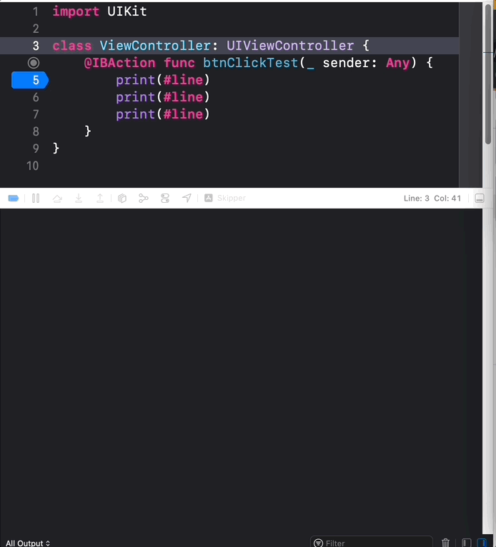 move the instruction pointer in Xcode by dragging the highlighted green row