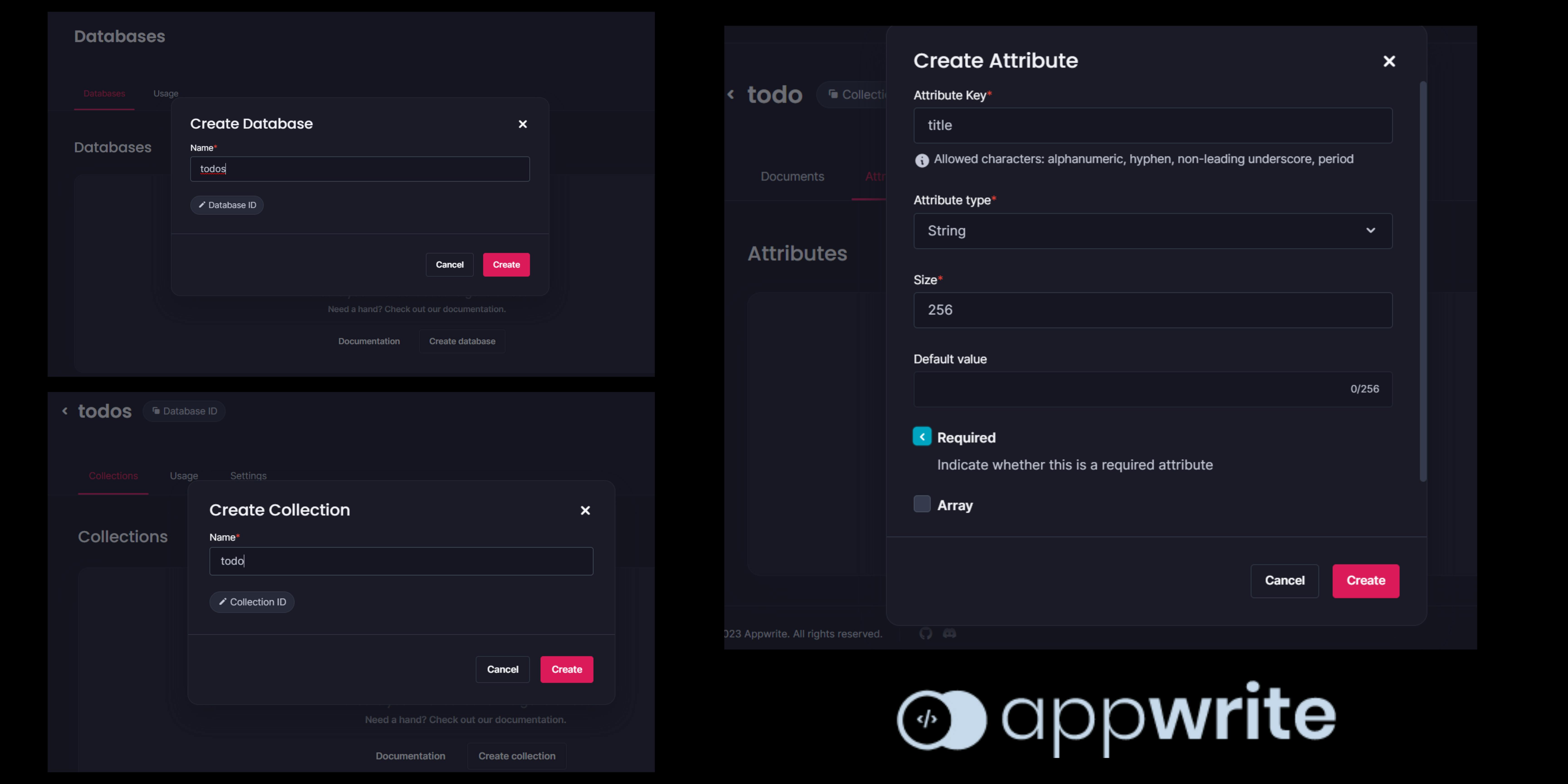 appwrite console for creating database and collections