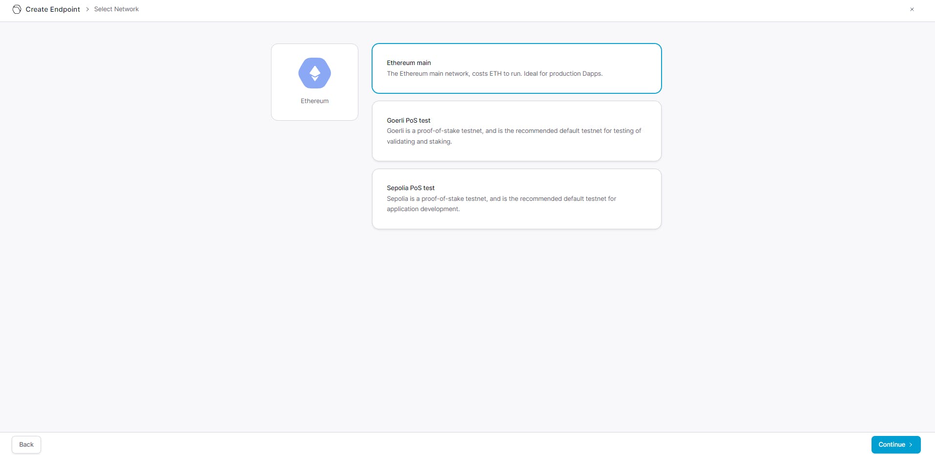 Dashboard para crear un endpoint en QuickNode,seleccionando Red