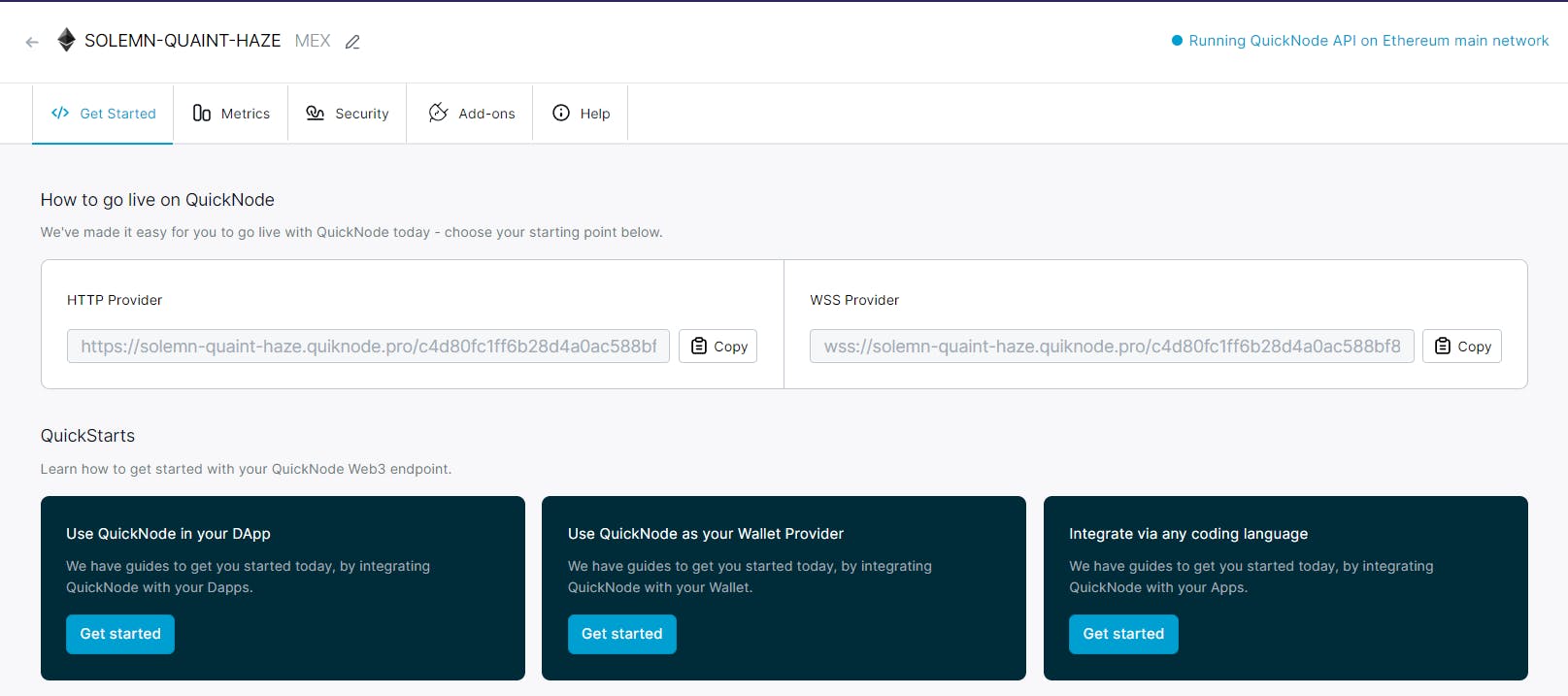 Dashboard QuickNode Endpoint