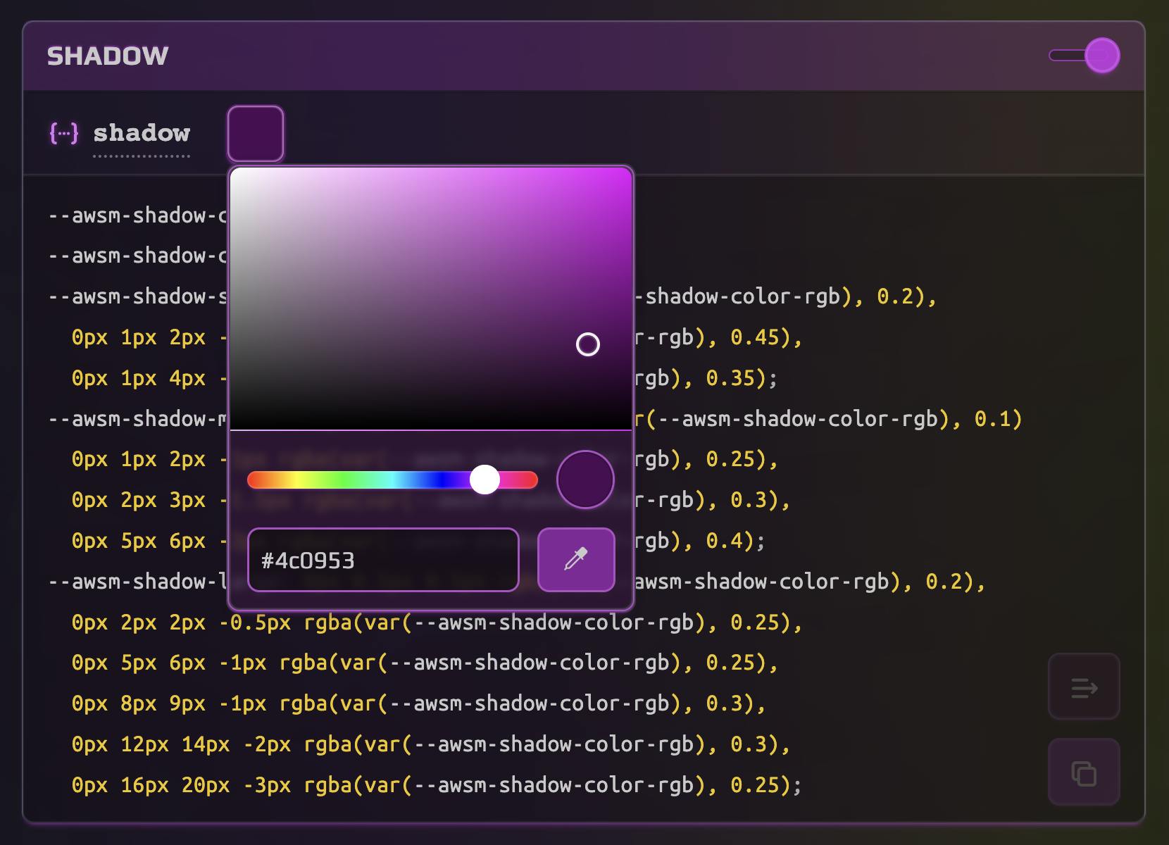Screenshot of Design Tokens Generator app showcasing the Shadow Set interface and output, also it showcases the color picker interface for the tint color