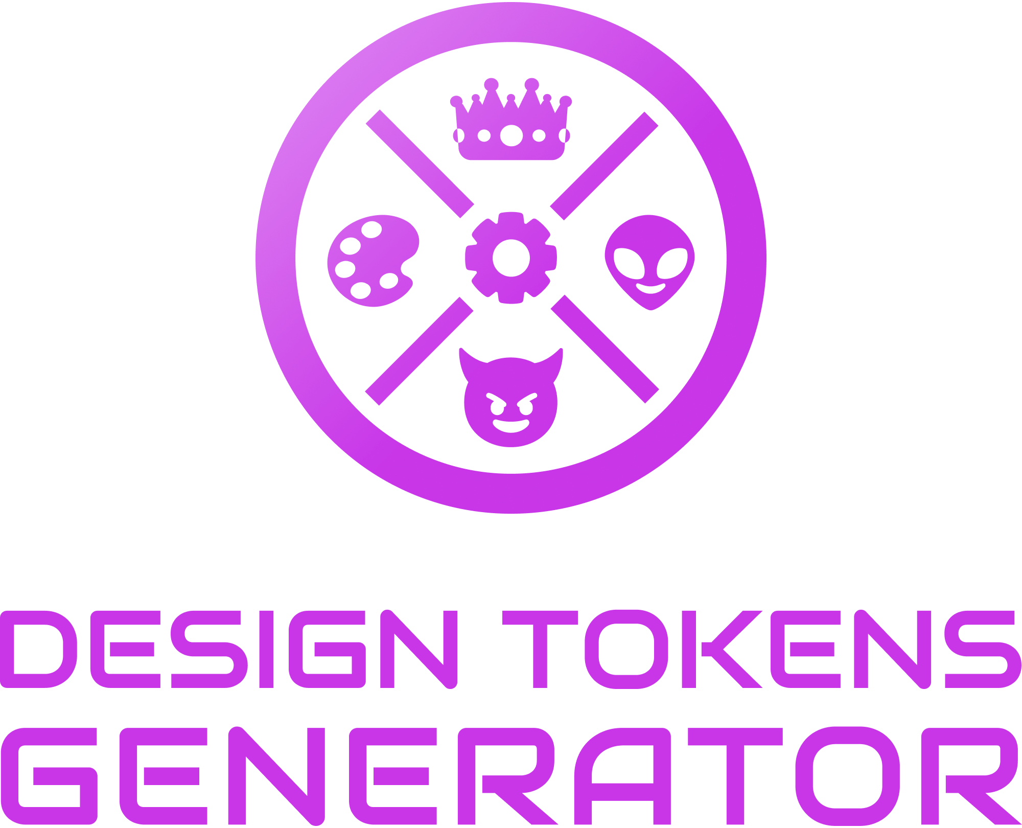 Design Tokens Generator Logo vertical centered layout, at the top there is the group of 4 icons — crown, alien, devil and palette — around a cog icon element and at the bottom there is a title