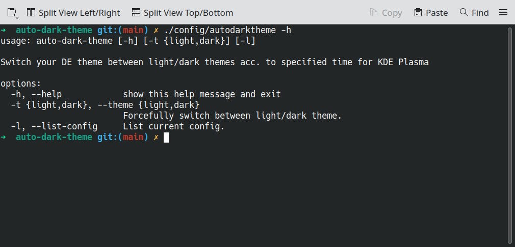 Terminal output for auto-dark-theme CLI tool usage