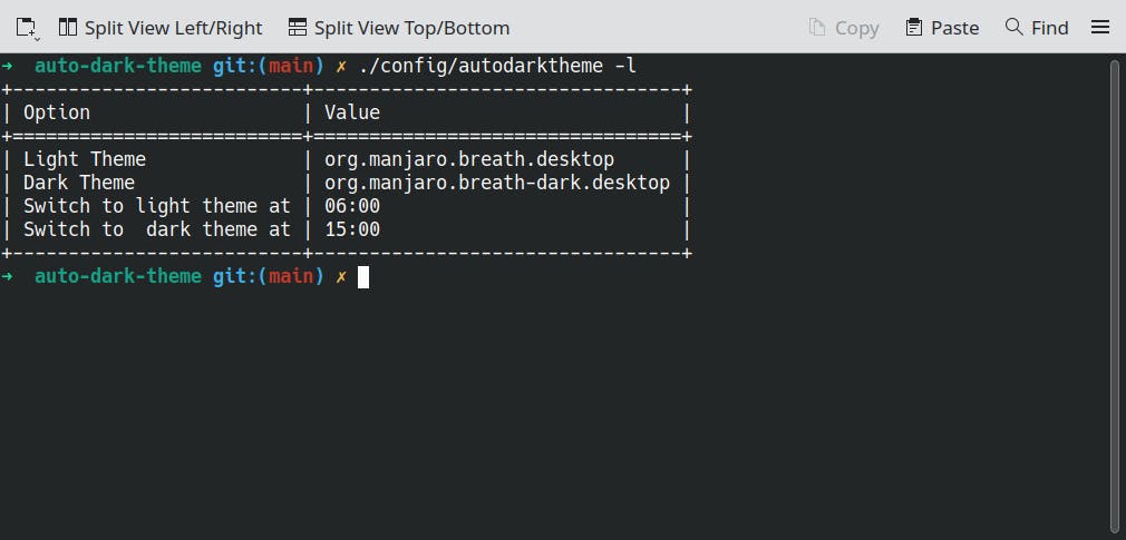 Terminal output for auto-dark-theme CLI showing the current config