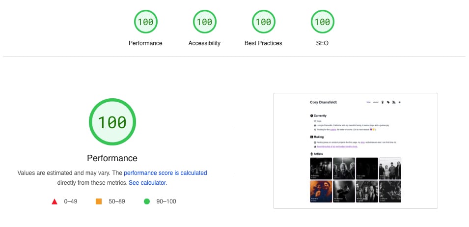 Pagespeed scores for coryd.dev/now