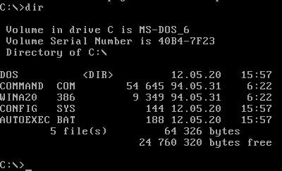MS-DOS 6 inteface executing the dir command.