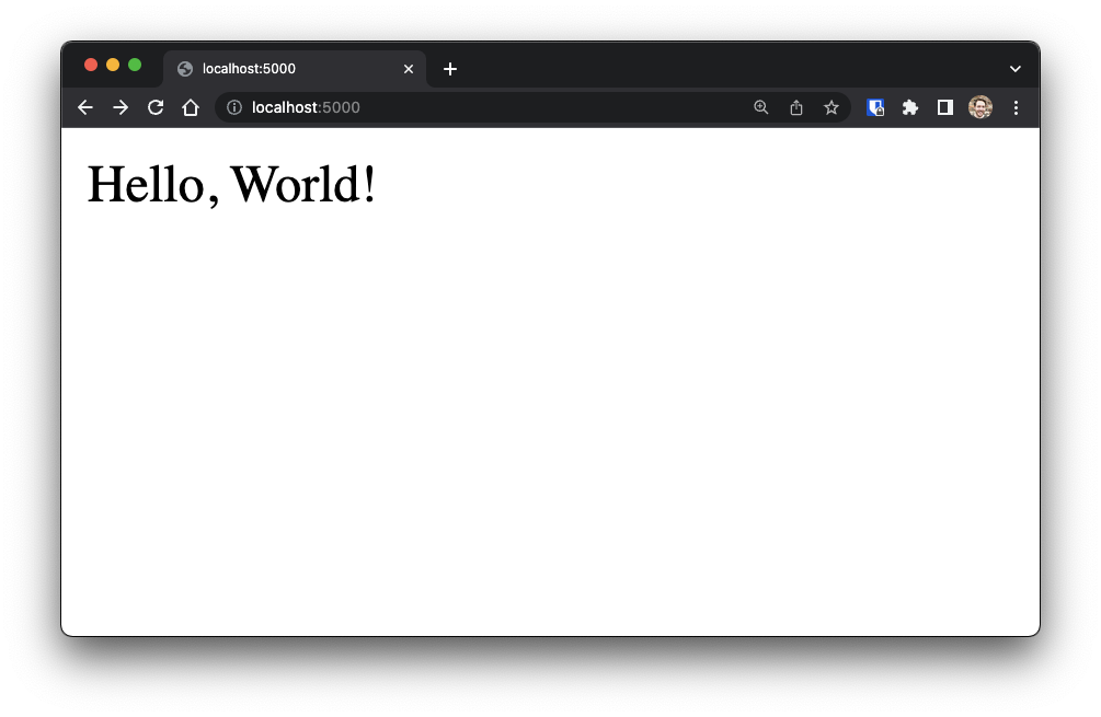 Browser screenshot showing Hello World message