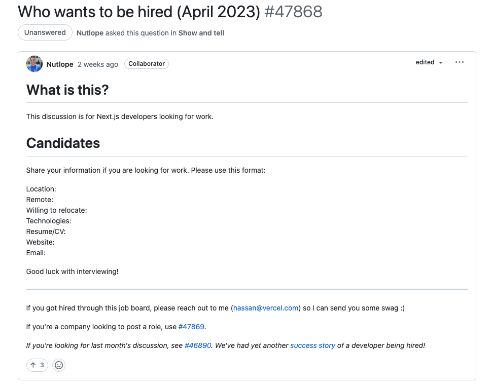 Screenshot of Who wants to be hired (April 2023) post