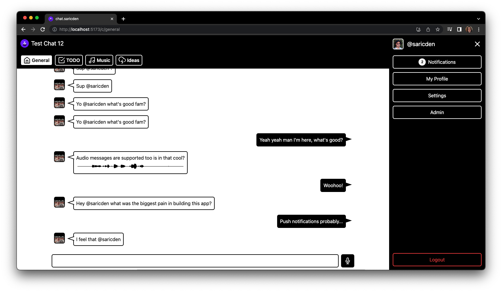 A screenshot of a freshly generated chat app, using the create-chat-app script.