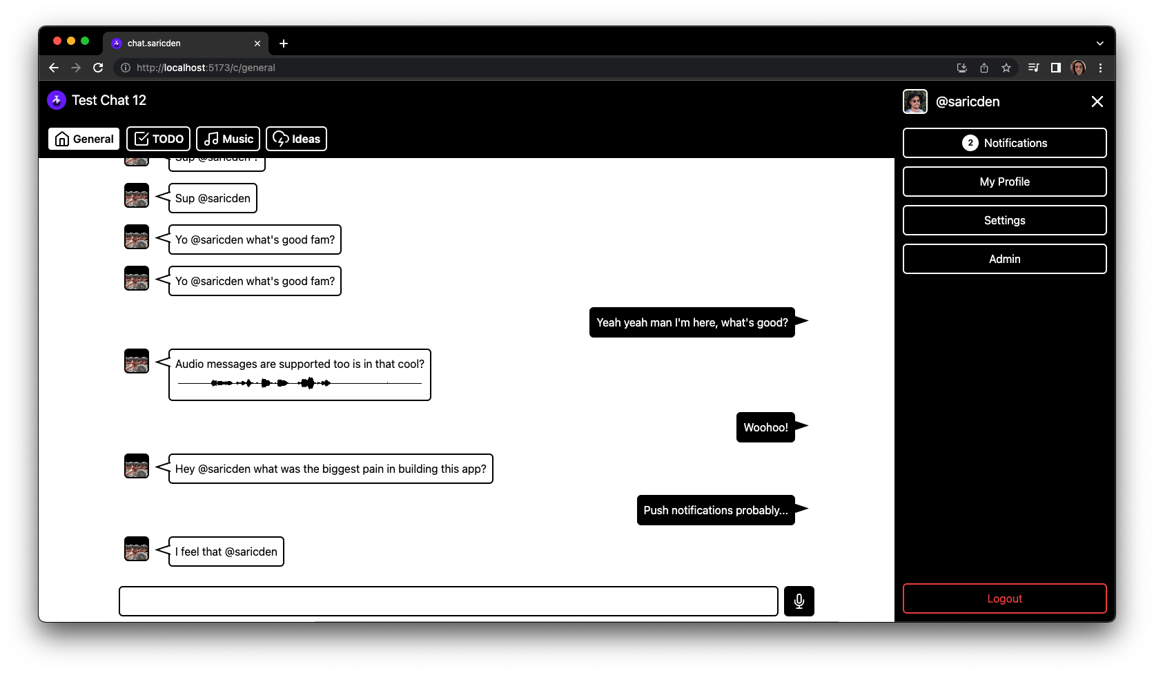 A screenshot of a freshly generated chat app, using the create-chat-app script.